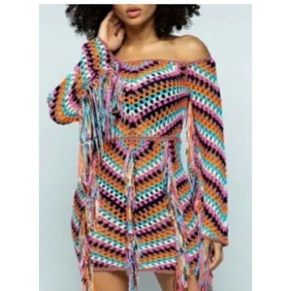 Boho Dress Coverup Crochet S/M‎ Hippie Fringe Festival Beach Hers Collection